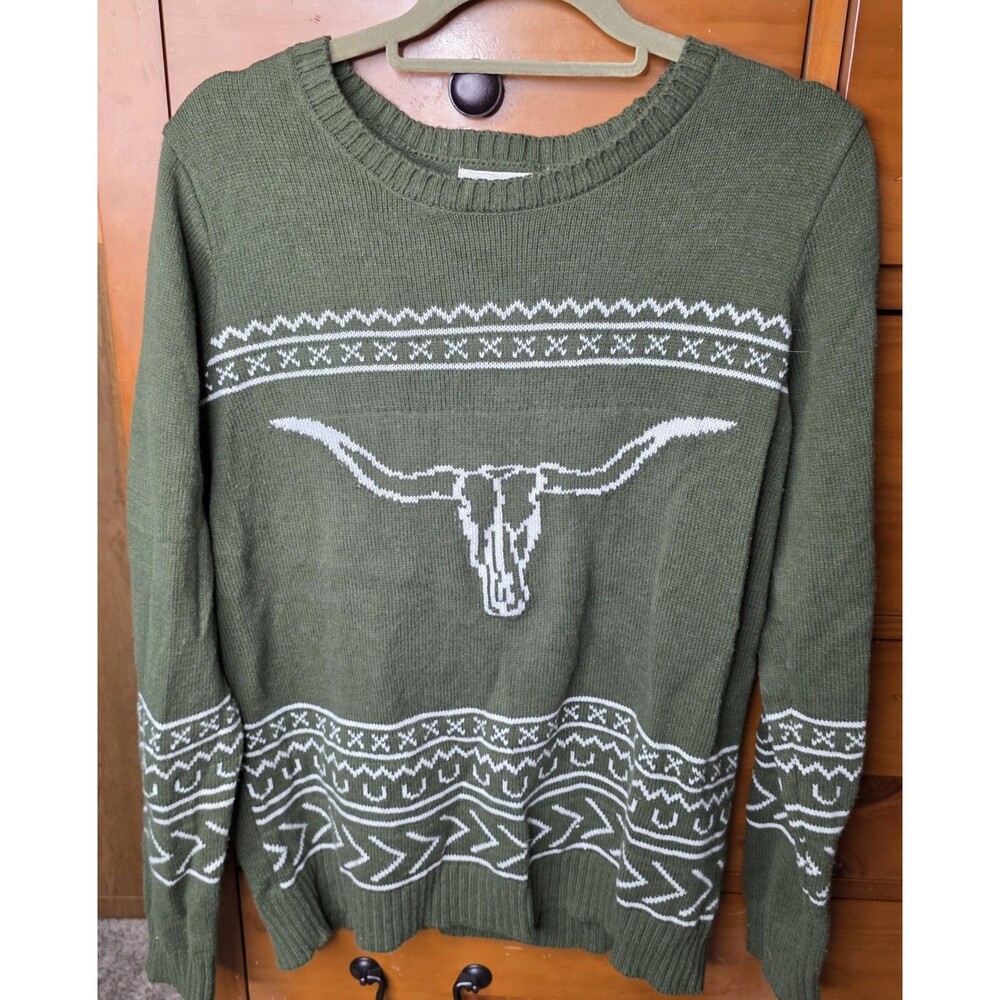 Cotton & Rye Longhorn Sweater Size Medium Green Western Cowboy Ranch Texas